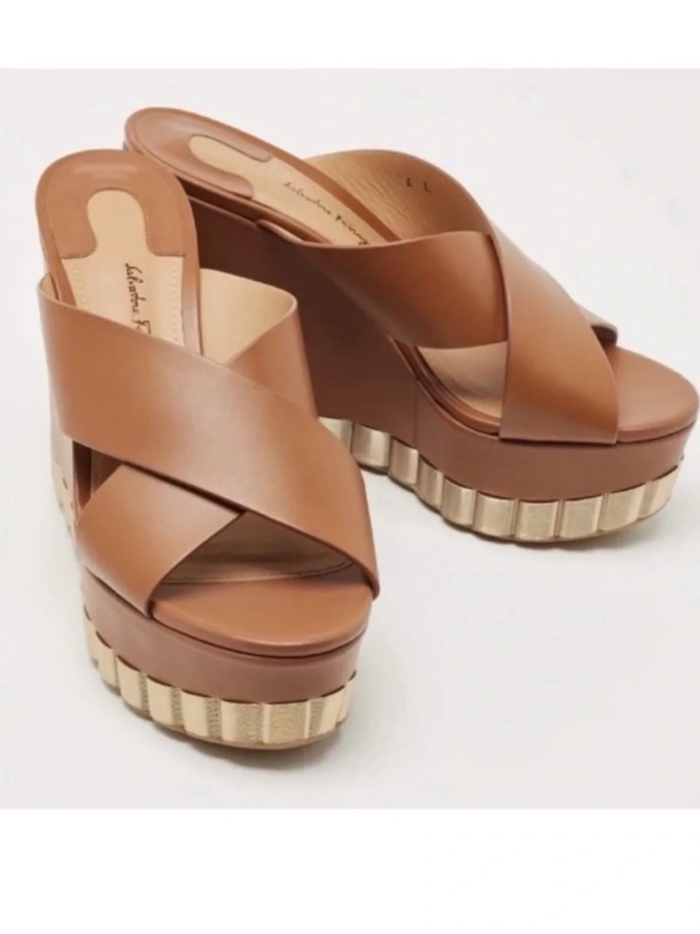 New! Salvatore Ferragamo Nicosia Brown Leather Platform Wedge Sandals
